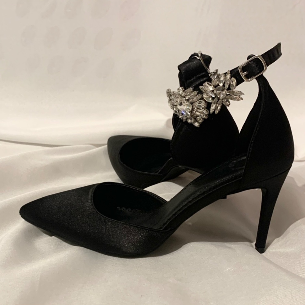 Black Satin & Rhinestone Heels - Picture 3 of 6